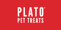 PLATO Pet Treats logo on a red background, with white text.