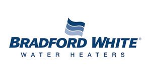Bradford White Water Heaters logo with blue text and flag icon