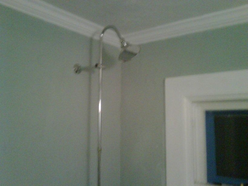Corner shower with chrome pipe and showerhead in a light green bathroom near a window
