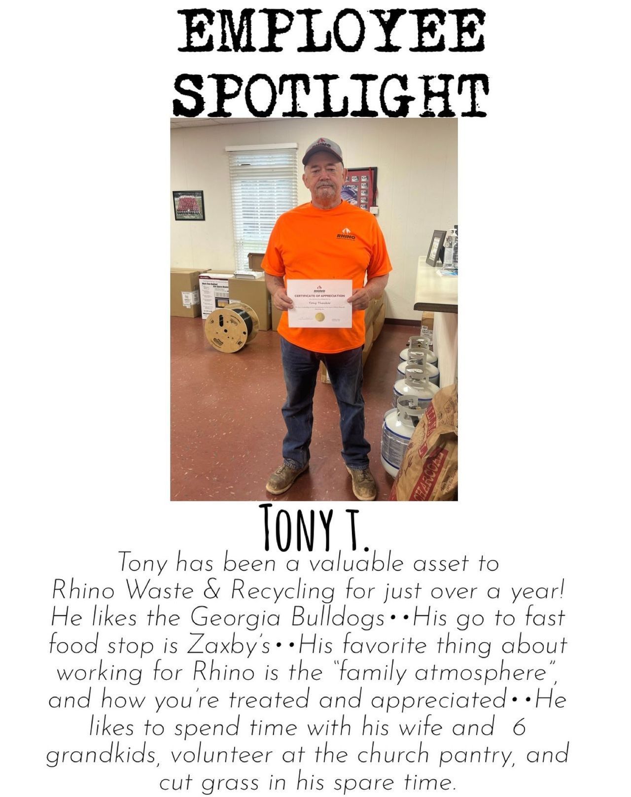 Employee spotlight: Tony T. standing, holding a certificate. Text notes his likes: Georgia Bulldogs, Zaxby's, family atmosphere.