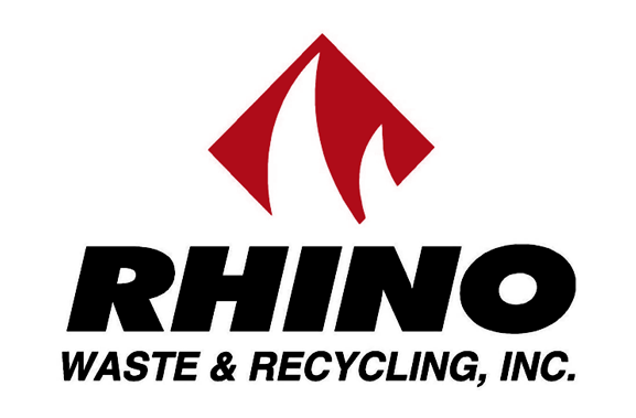 Rhino Waste & Recycling, Inc. logo with red diamond and curved lines above bold black "RHINO" text, black text below.