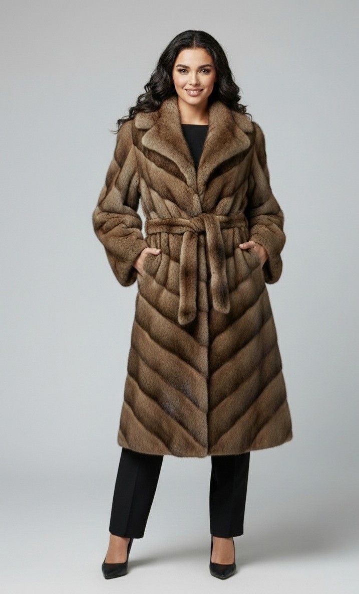 Woman wearing a long, brown fur coat with a belt, black pants, and heels, smiling.