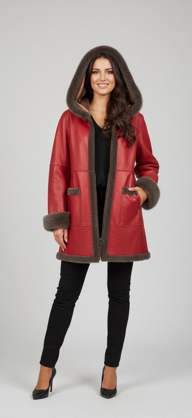 Woman wearing a red leather coat with a fur-lined hood and trim, black pants, and heels.