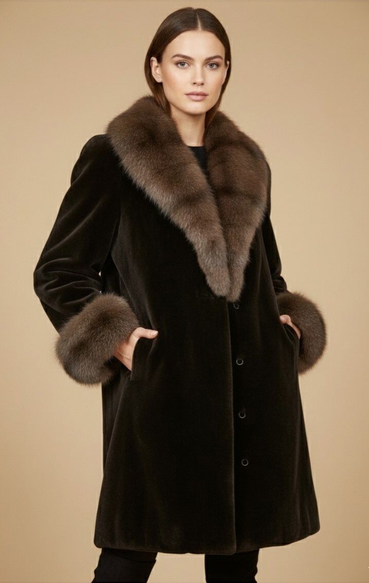 Woman in dark brown fur coat with brown fur collar and cuffs, hands in pockets.