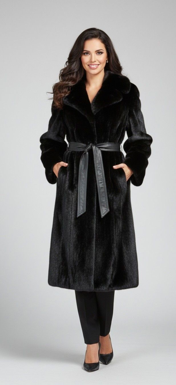 Woman in a long black fur coat with a belt, posing in front of a gray background.