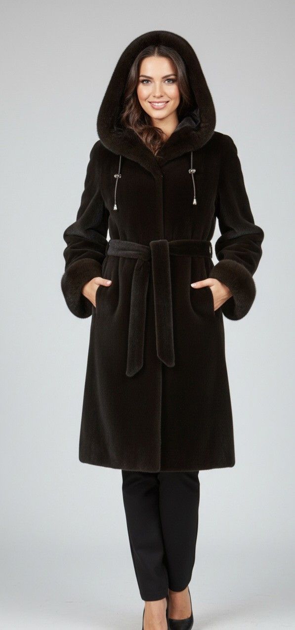 Woman in a dark brown hooded fur coat, hands in pockets, smiling against a gray backdrop.