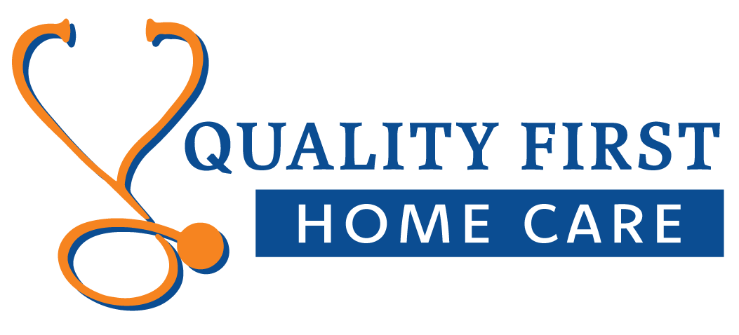 The logo for quality first home care shows a stethoscope and a heart.