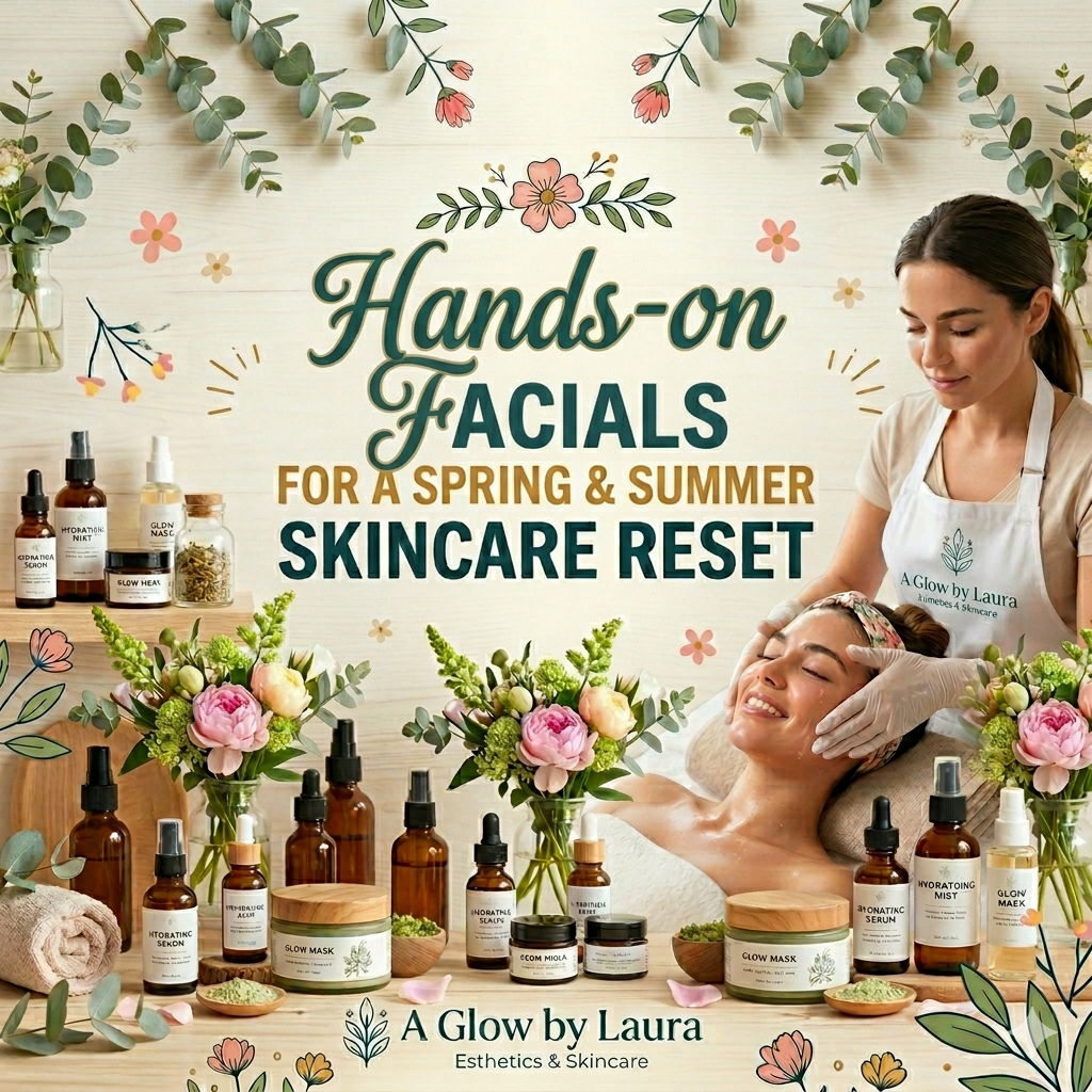 “Relaxing hands-on facial treatment at A Glow by Laura in Philadelphia PA with warm spring lighting”