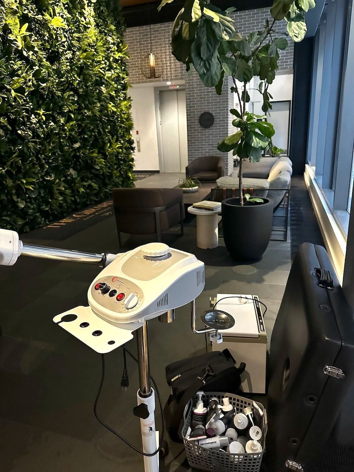 Facial steamer in a spa-like setting with a wall of plants and a seating area.