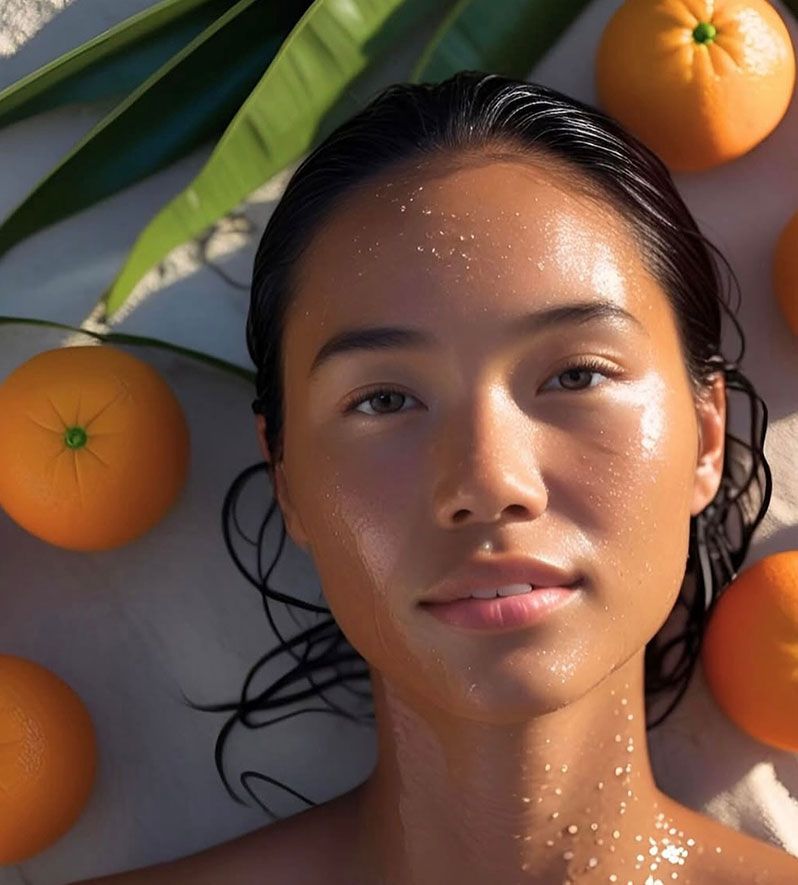 Woman with wet hair and glowing skin, surrounded by oranges and foliage.