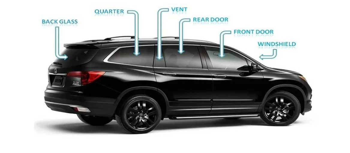 Black SUV with labeled components: back glass, quarter glass, vent, rear door, front door, and windshield.