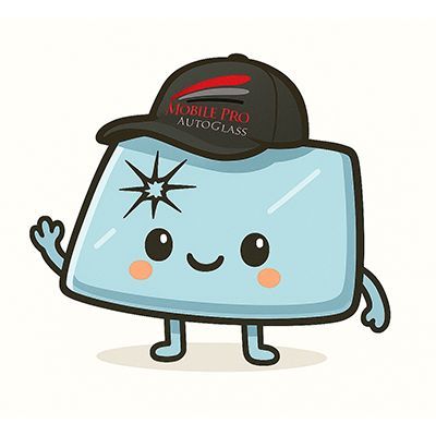 Cartoon windshield with a smiling face, waving arm, and wearing a cap for Mobile Pro Auto Glass.