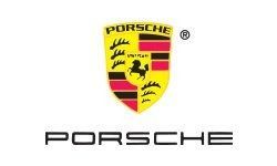 Porsche logo: Shield with black horse, yellow and red stripes,