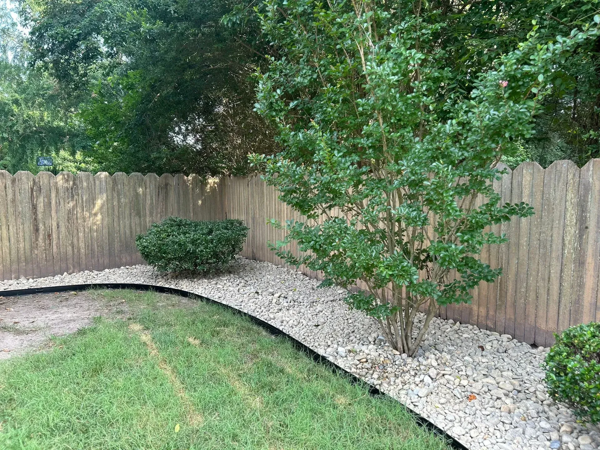 Backyard with a wooden fence, shrubs, white gravel, and a grass lawn.