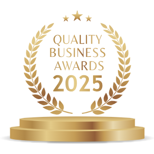 A gold trophy with a laurel wreath and the words quality business awards 2025 on it.