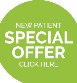 A green sticker that says new patient special offer click here