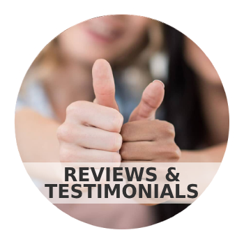A person giving a thumbs up with the words reviews and testimonials below them