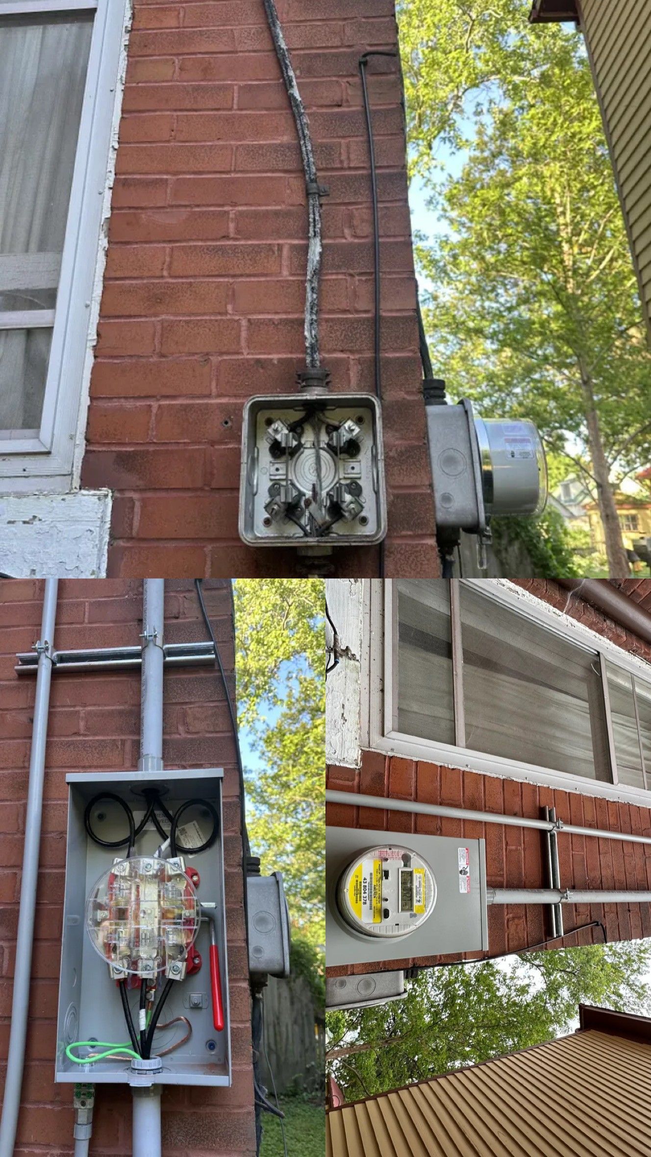 Electrical equipment on a brick wall: a fuse box, conduit, and a meter.