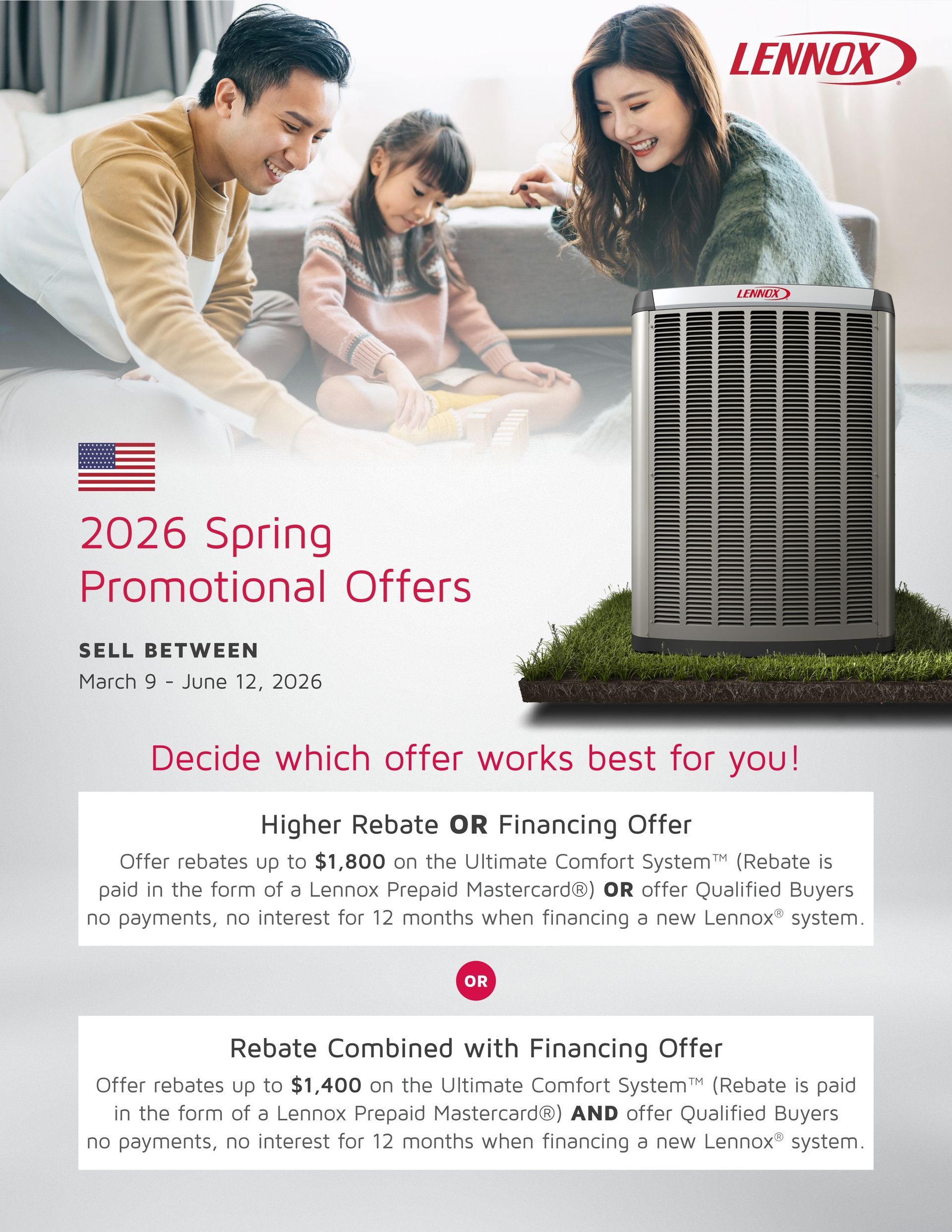 Spring promotion ad with family, air purifier, and text about combined offers and rebates