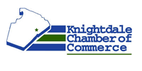 Logo for Knightdale Chamber of Commerce: white outline of a shape over horizontal blue/green stripes, with text.