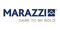 Marazzi logo with navy text and mountain icon, tagline 
