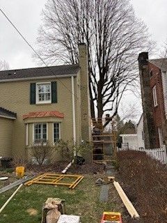 Exterior view of a beige brick house and adjacent stone house, with scaffolding near the chimney and bare trees nearby.
