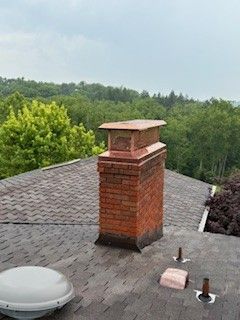 Brick chimney on a shingled roof with a copper cap; trees and sky in the background.