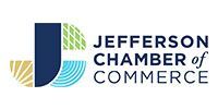 Jefferson Chamber of Commerce logo with blue, green, and gold geometric J icon and text