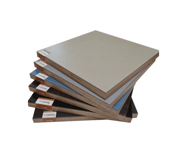 Stack of laminated flooring samples in neutral gray, brown, and blue tones