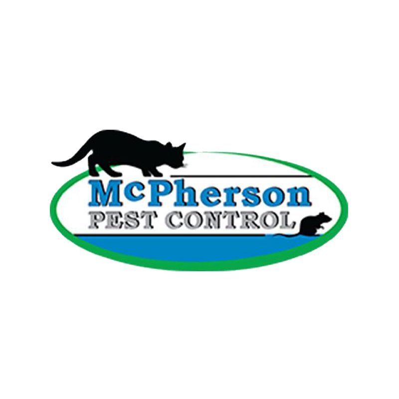 McPherson Pest Control logo with black cat and mouse over blue and green oval