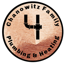 Chanowitz Family Plumbing & Heating logo with pipe graphic over wood texture