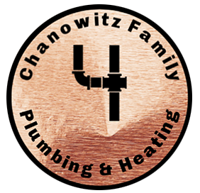 Chanowitz Family Plumbing & Heating logo with pipe graphic over wood texture