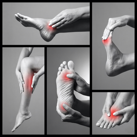Collage of feet and hands with red-highlighted pain spots, suggesting foot and leg pain.