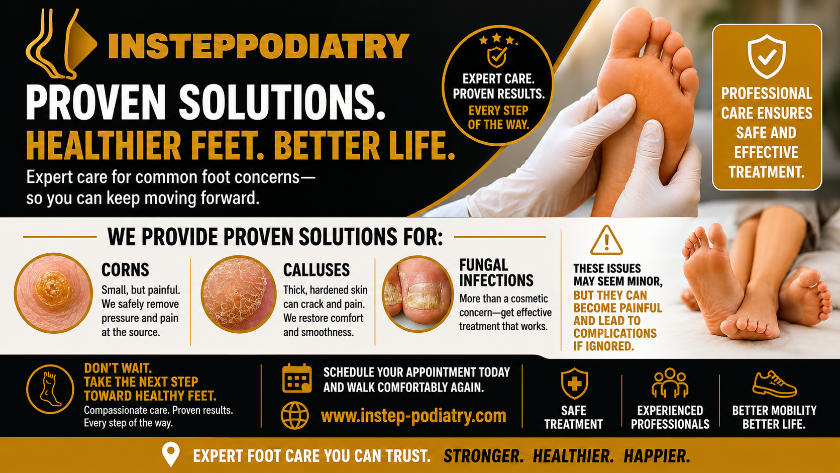 Instep Podiatry ad with foot images and text: Proven solutions. Healthier feet. Better life.