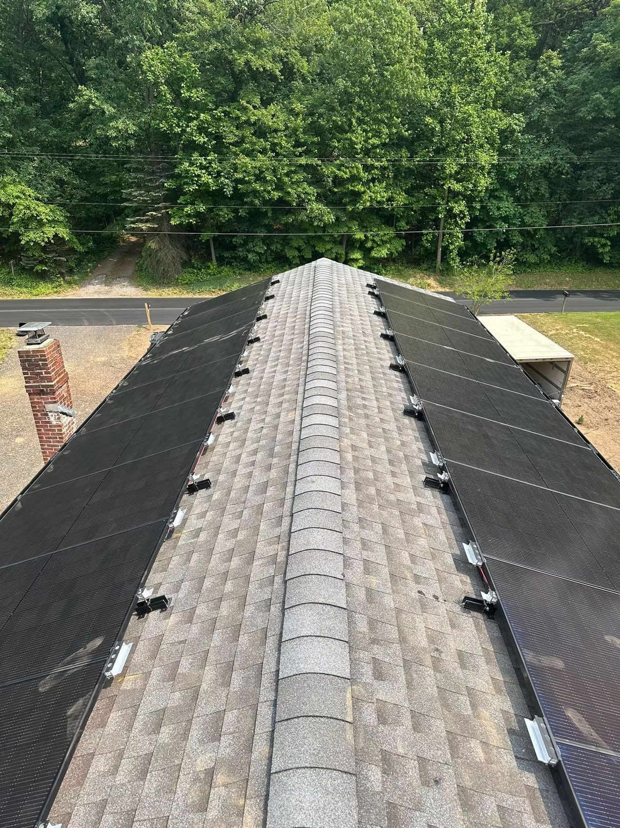 Rooftop with ridge line and weathered shingles, viewed toward dense green trees behind.