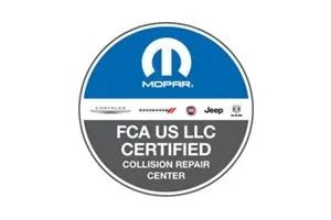 Mopar FCA US LLC Certified Collision Repair Center badge with a blue and gray design.