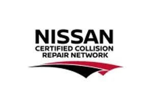 Nissan Certified Collision Repair Network logo with black and red swoosh design.