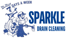 Sparkle Drain Cleaning logo: cartoon plumber with drain cleaner, text 