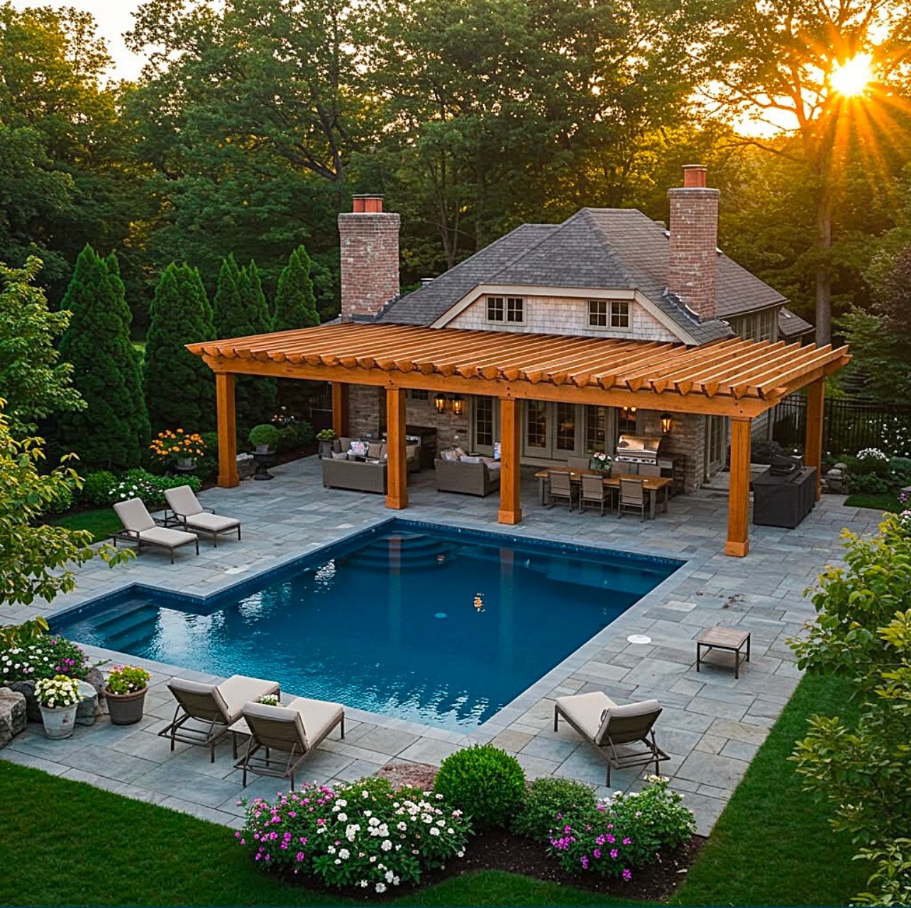 A large white house with a wooden pergola over a patio with a table and chairs.
