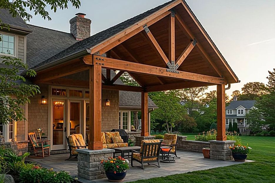 A large house with a wooden covered patio with chairs and a table