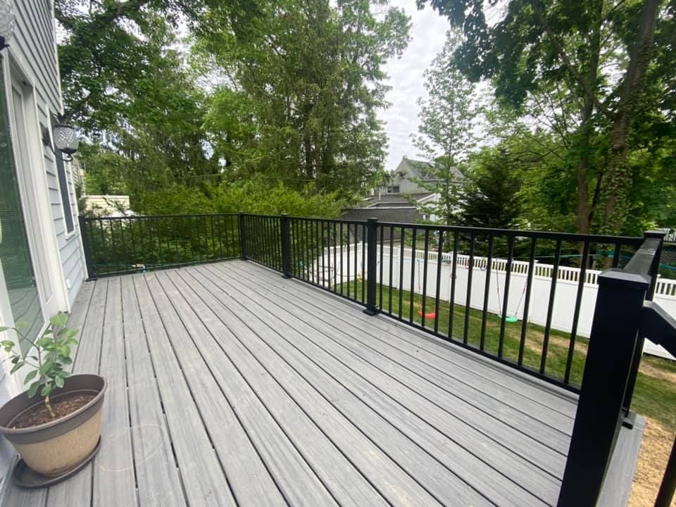 A large deck with a black railing and a potted plant on it.