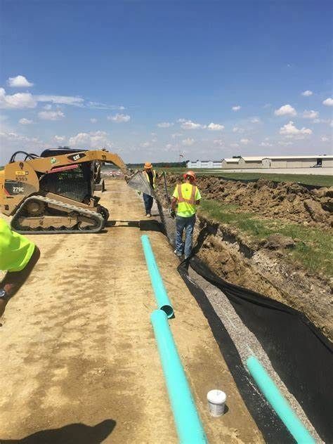 Construction workers installing blue pipes in a trench. Yellow machine and clear sky overhead.