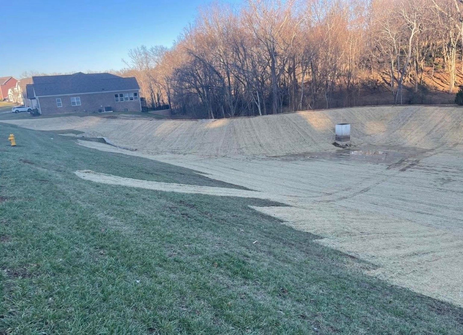 Grassy hillside with brown and green patches, a house, and a wooded area in the background.