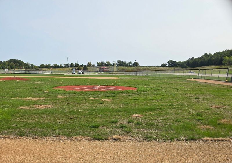 Baseball field, grassy with red dirt base, chain link fence, and trees under a cloudy sky.