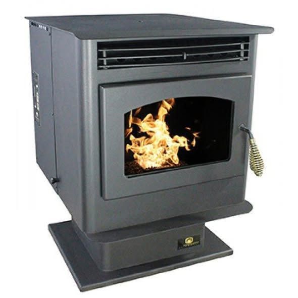 Black pellet stove with a visible flame and front glass window on a pedestal base