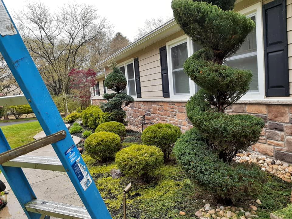 A blue ladder is sitting in front of a house.