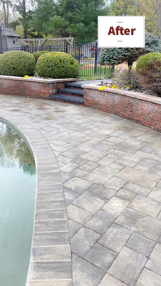 A after picture of a patio next to a pool