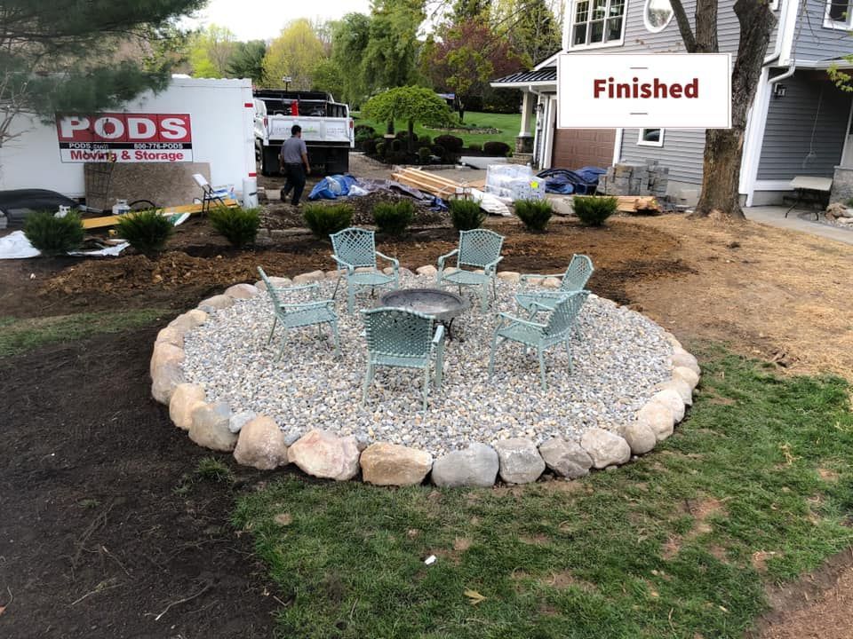A fire pit with chairs and a sign that says finished