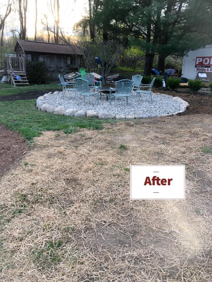A picture of a fire pit in a backyard with a sign that says `` after ''.