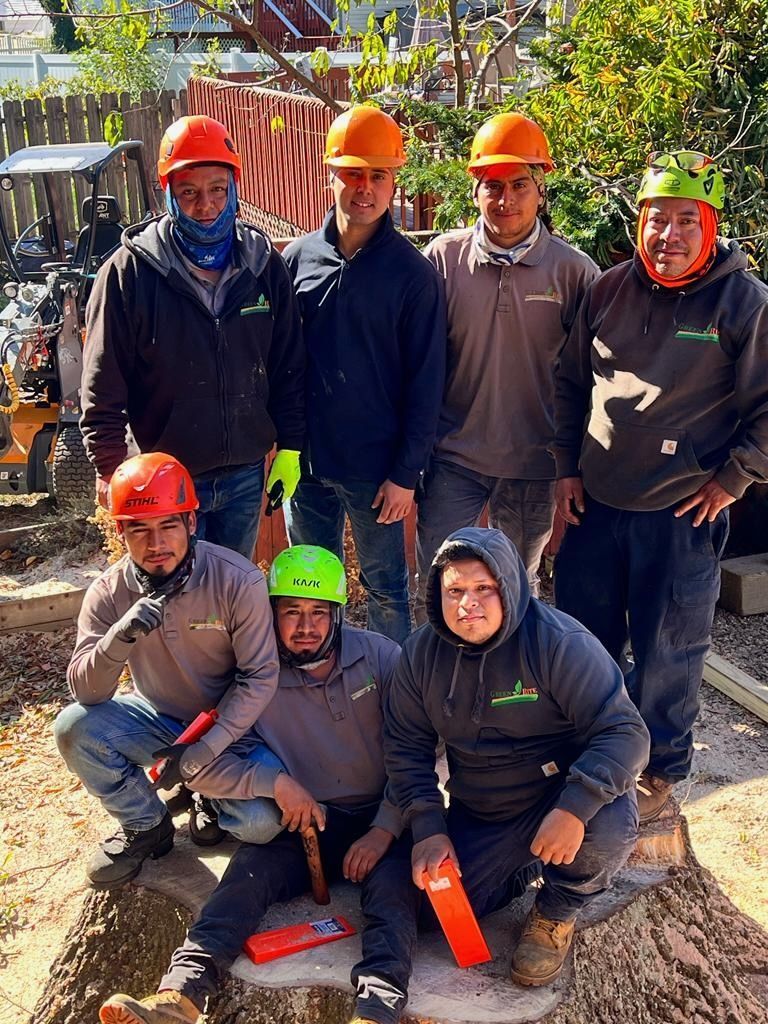 A group of construction workers wearing hard hats are posing for a picture.